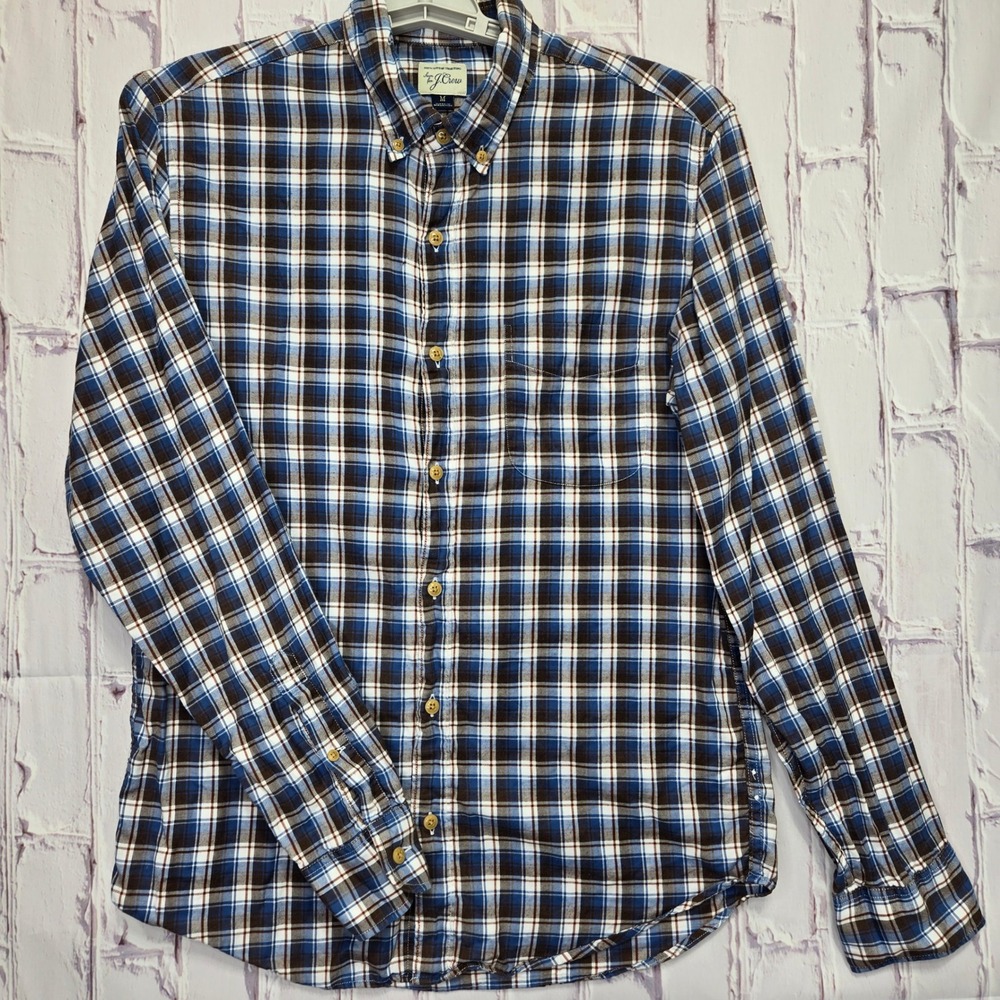 J.Crew Mens Plaid Button Down Shirt Blue Brown White Cotton Long Sleeve Size M